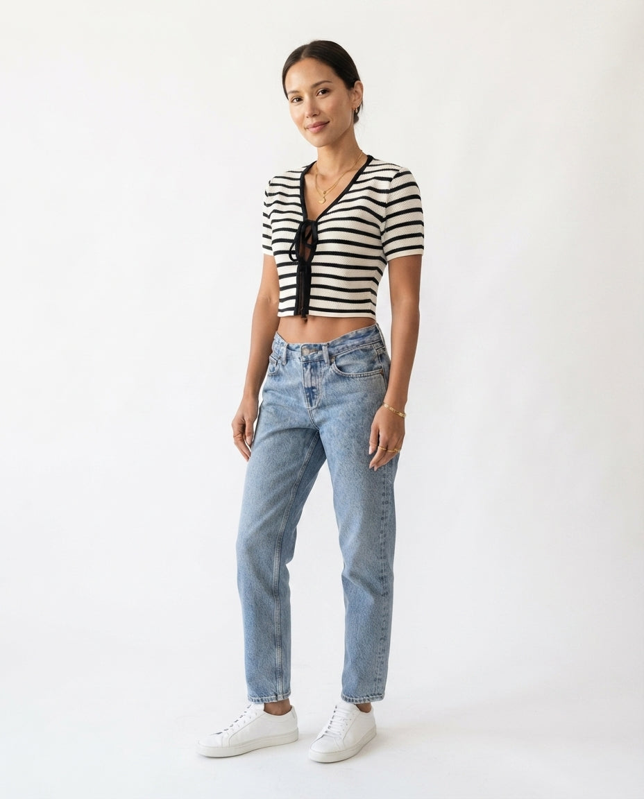 Tie Front Striped Knit Top