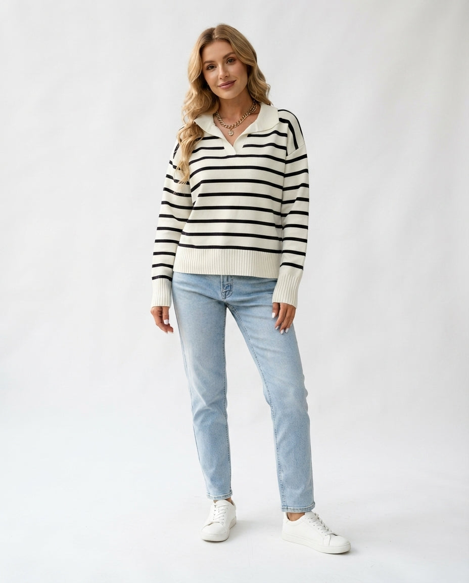 Striped Polo Collar Sweater