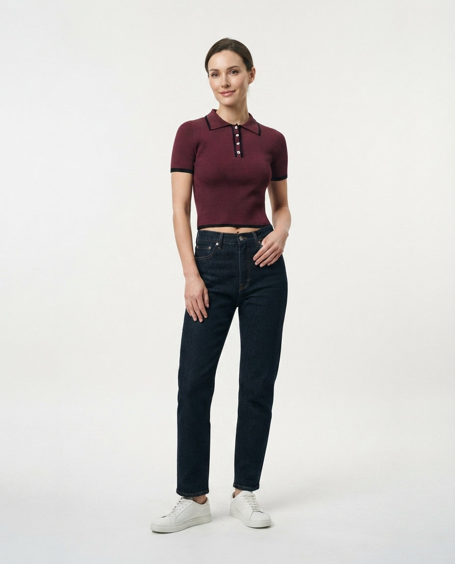 Ribbed Knit Polo Top