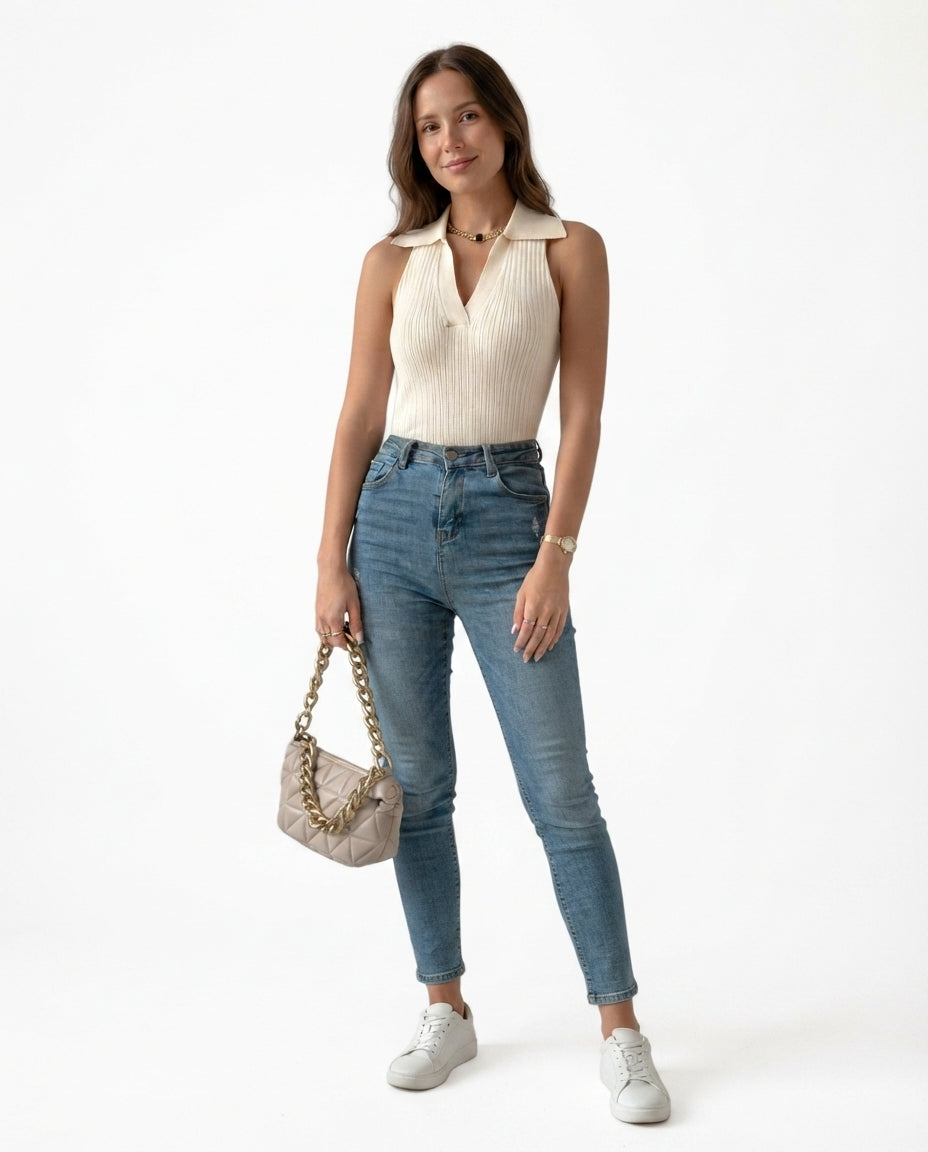 Ribbed Collared Sleeveless Top