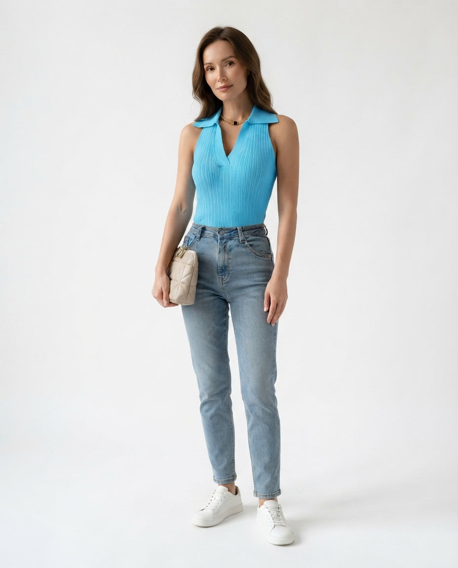 Ribbed Collared Sleeveless Top
