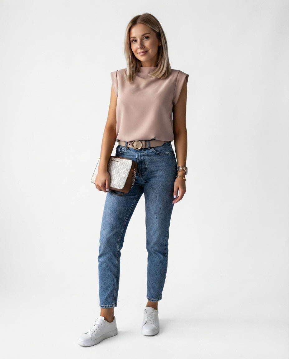 Padded Shoulder Mock Neck Top
