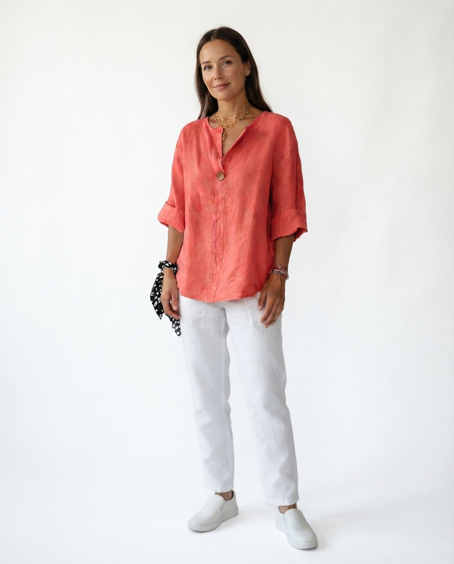 Button Front V Neck Blouse