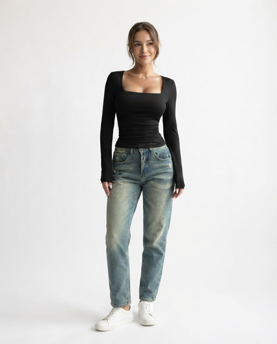 Square Neck Long Sleeve Top
