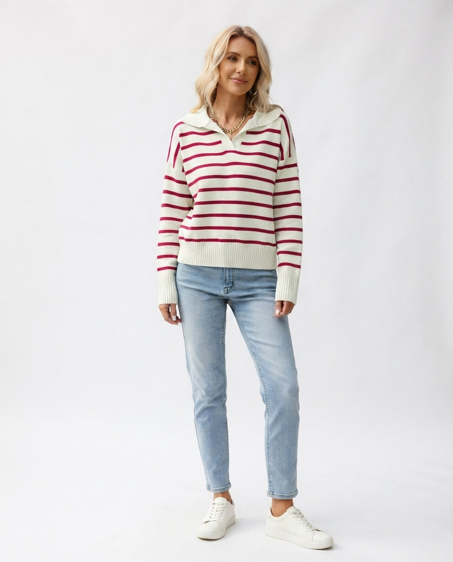 Striped Polo Collar Sweater