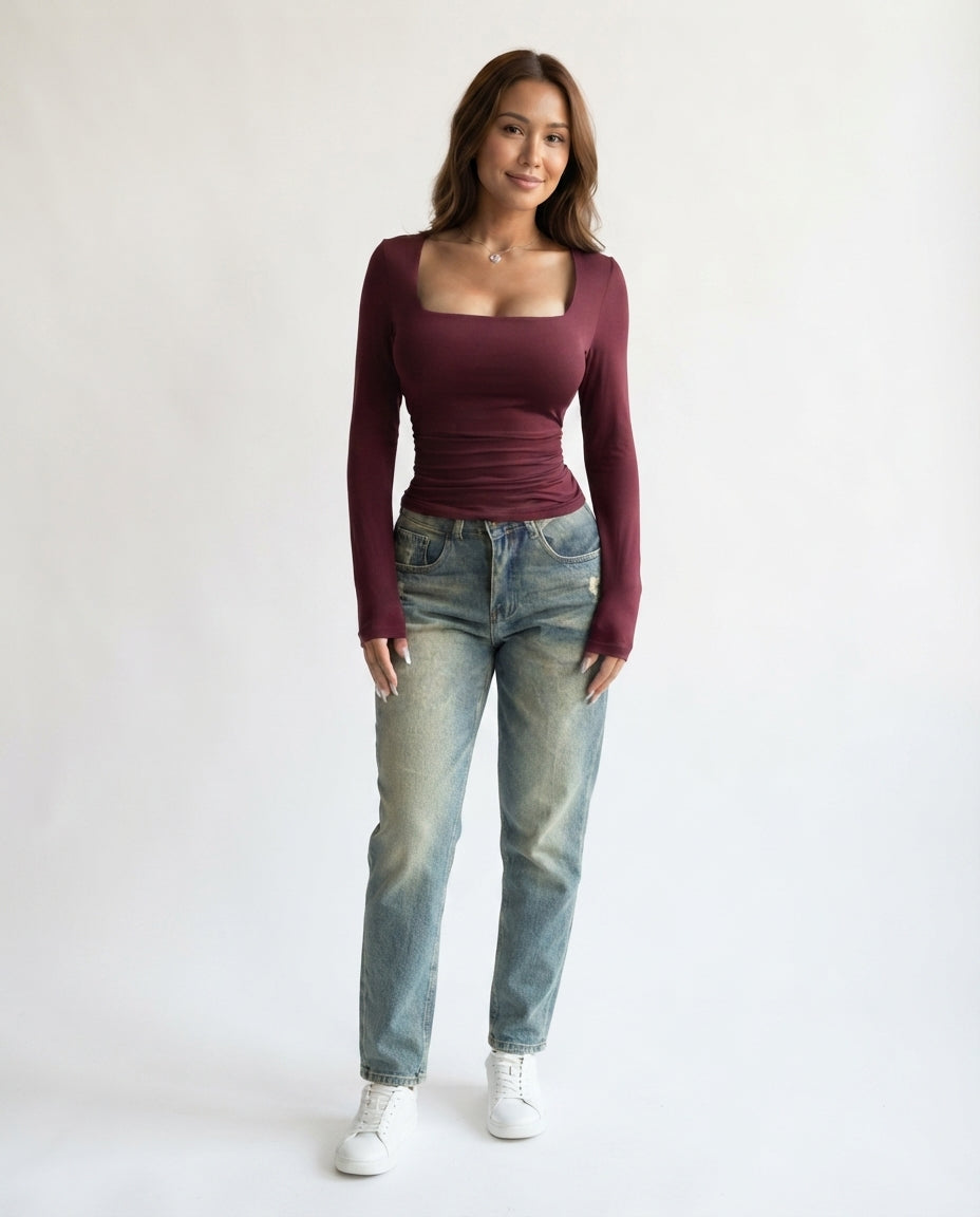 Square Neck Long Sleeve Top
