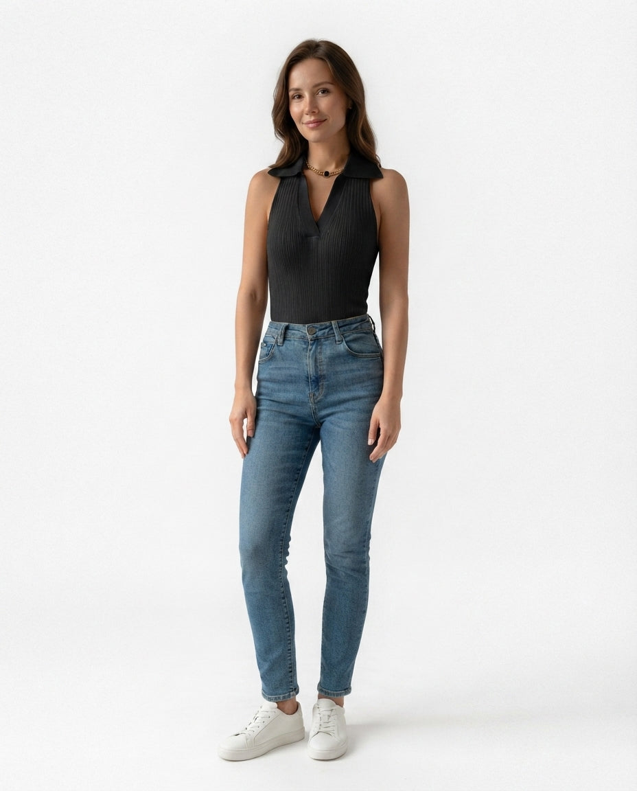 Ribbed Collared Sleeveless Top