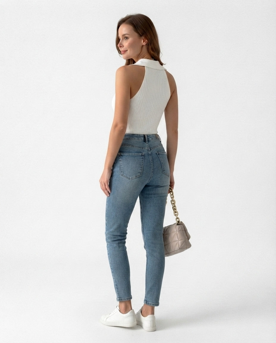 Ribbed Collared Sleeveless Top