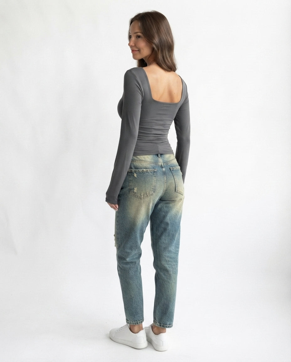 Square Neck Long Sleeve Top
