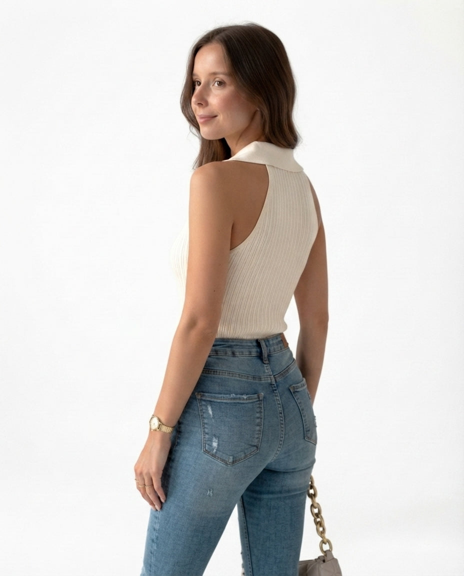 Ribbed Collared Sleeveless Top