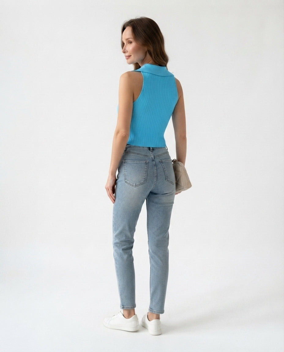 Ribbed Collared Sleeveless Top