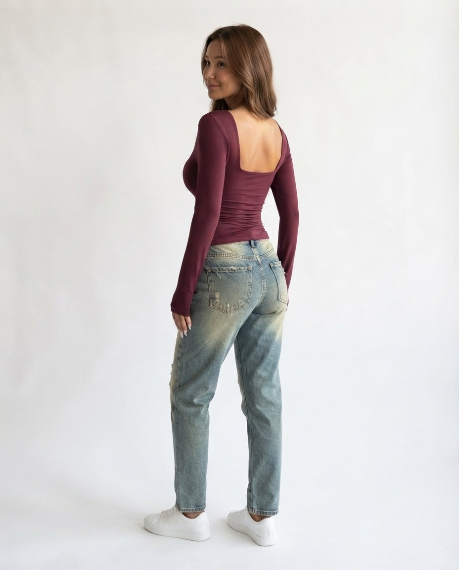 Square Neck Long Sleeve Top