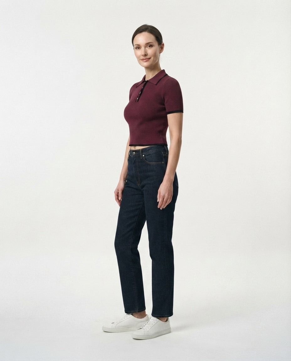 Ribbed Knit Polo Top