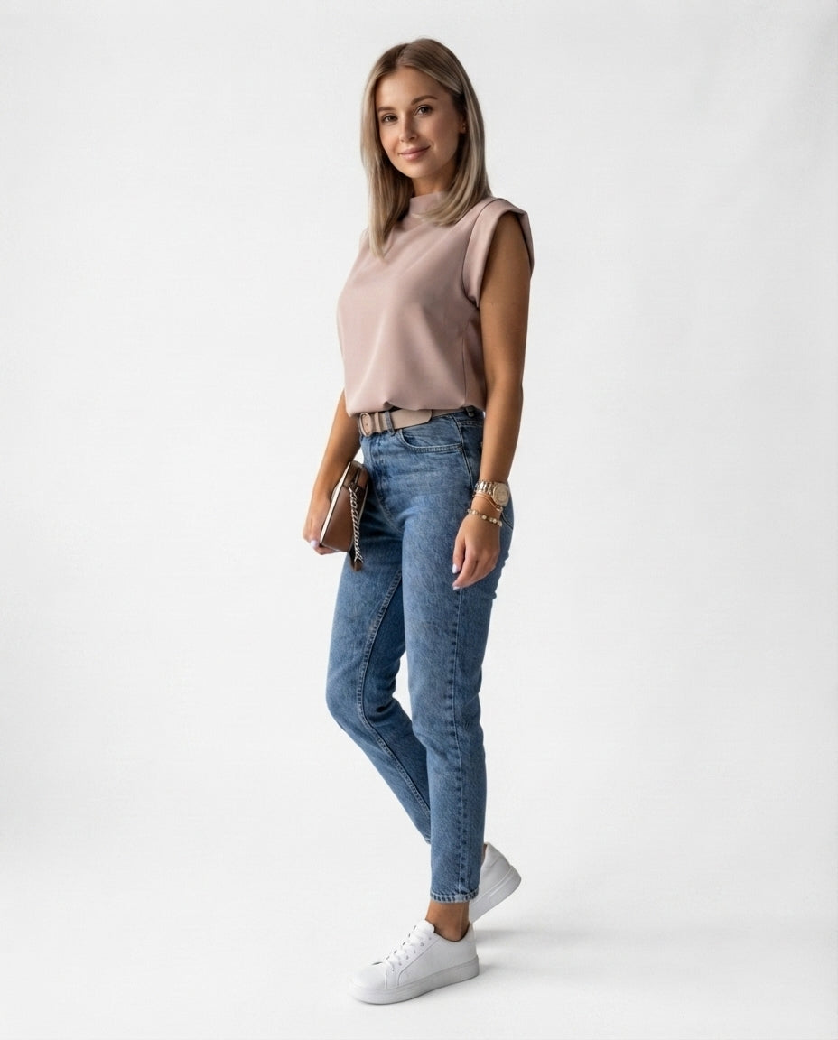 Padded Shoulder Mock Neck Top
