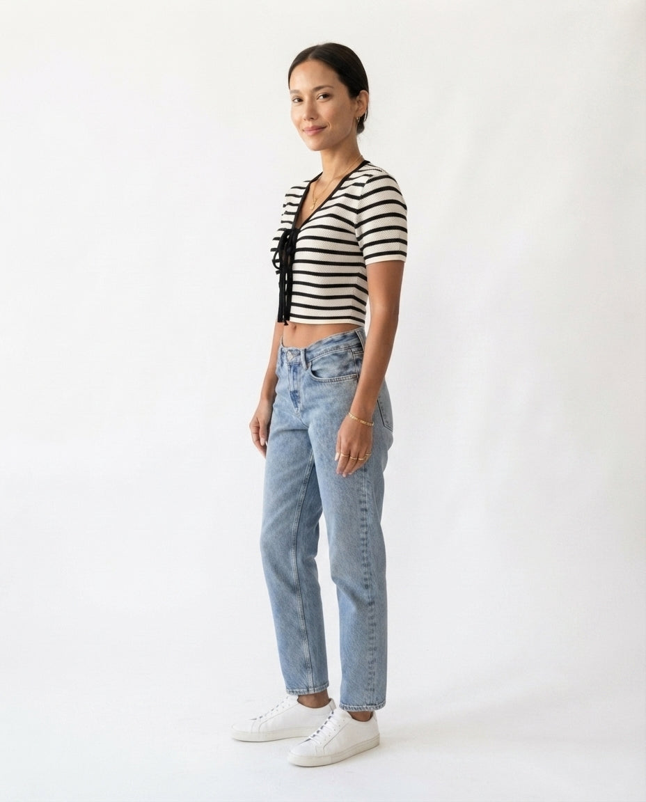 Tie Front Striped Knit Top