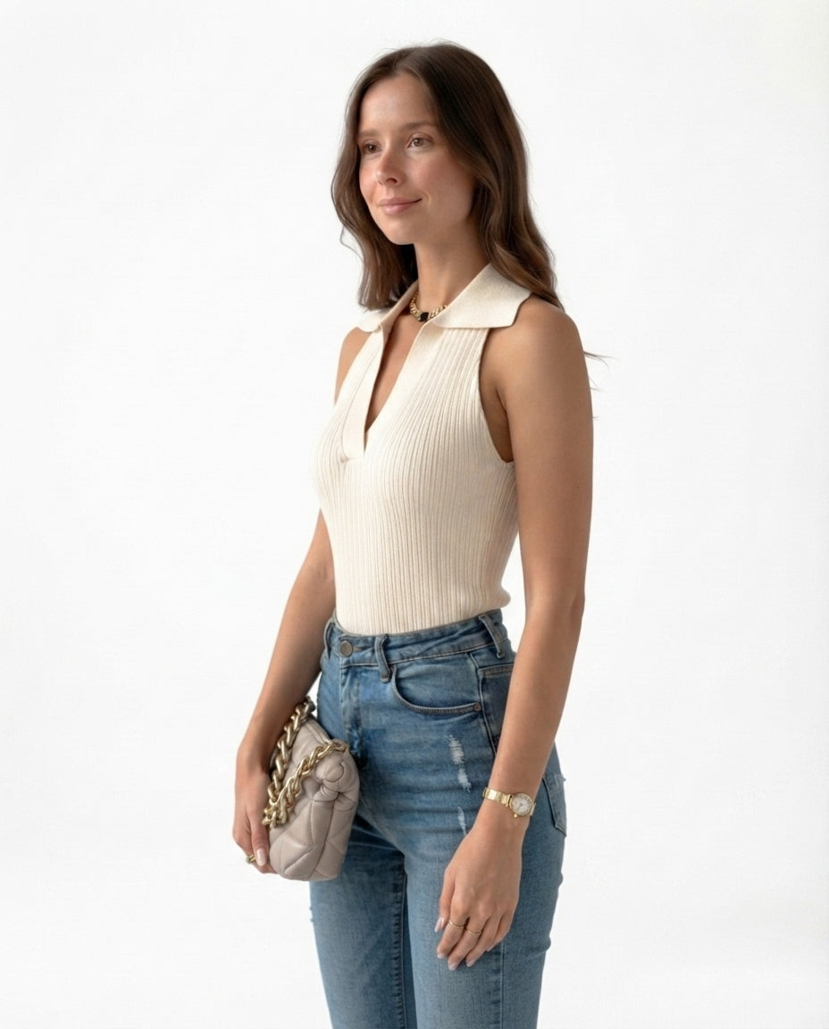 Ribbed Collared Sleeveless Top