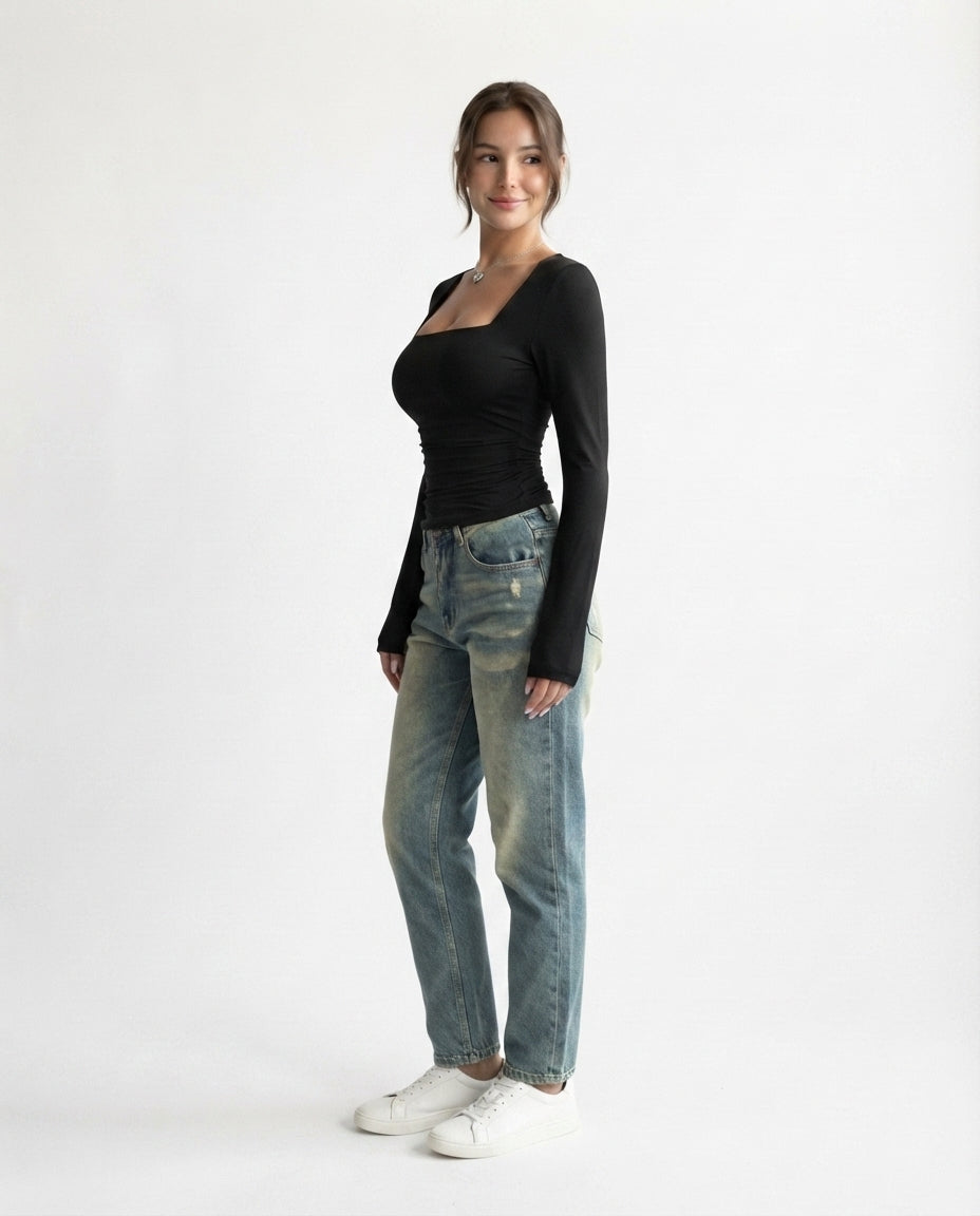 Square Neck Long Sleeve Top