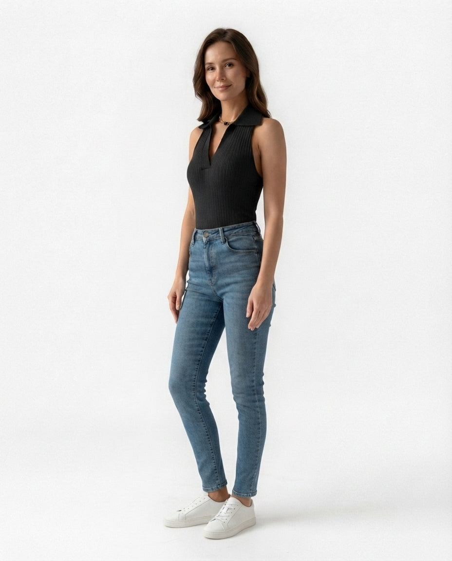 Ribbed Collared Sleeveless Top