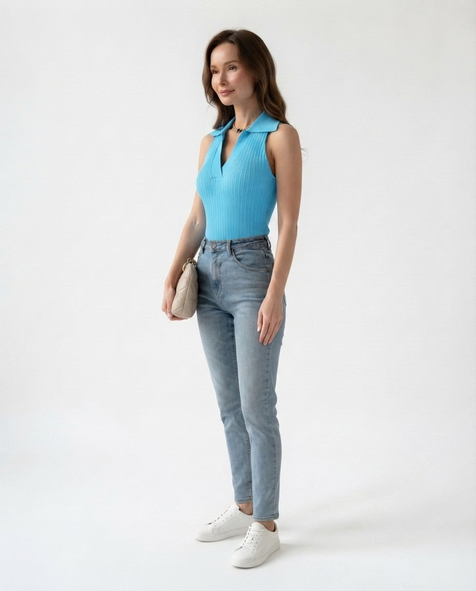 Ribbed Collared Sleeveless Top