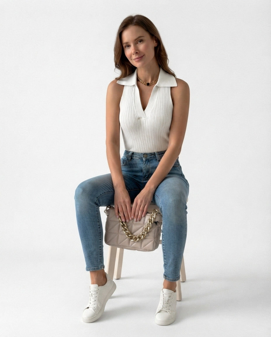Ribbed Collared Sleeveless Top