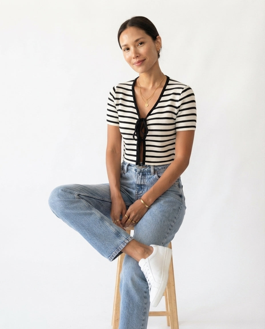 Tie Front Striped Knit Top