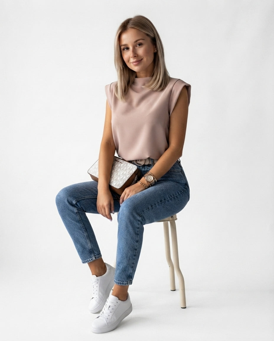 Padded Shoulder Mock Neck Top