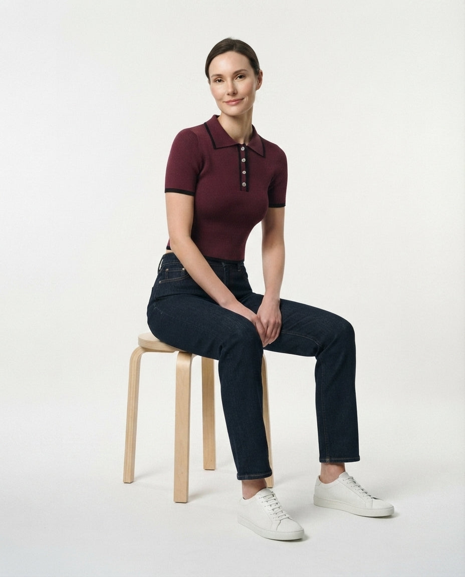 Ribbed Knit Polo Top