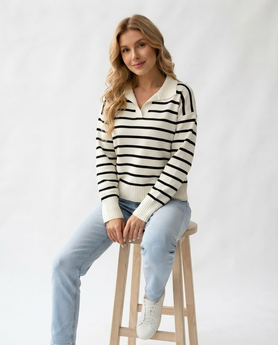 Striped Polo Collar Sweater