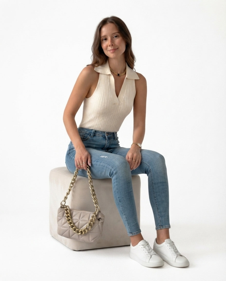 Ribbed Collared Sleeveless Top