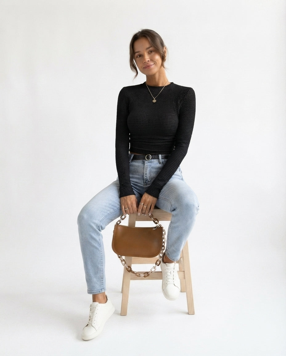 Waffle Knit Long Sleeve Top