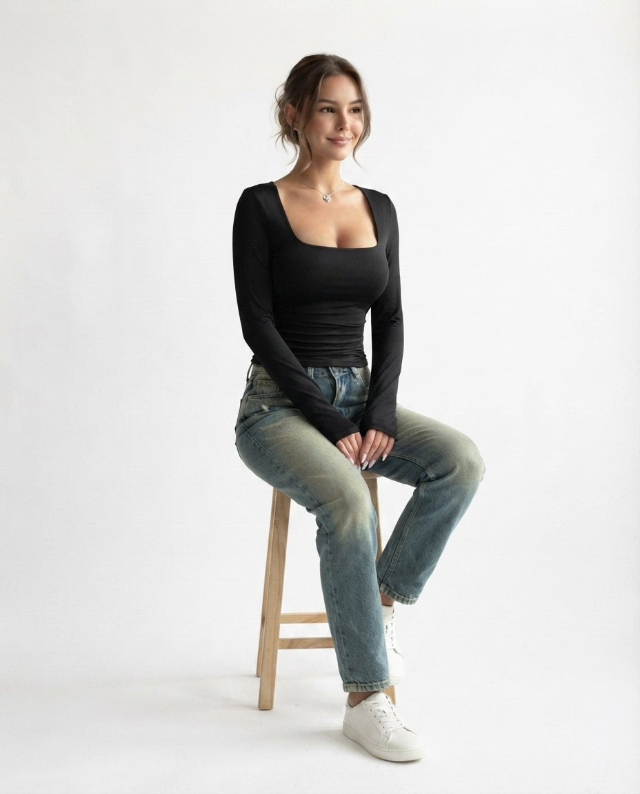 Square Neck Long Sleeve Top