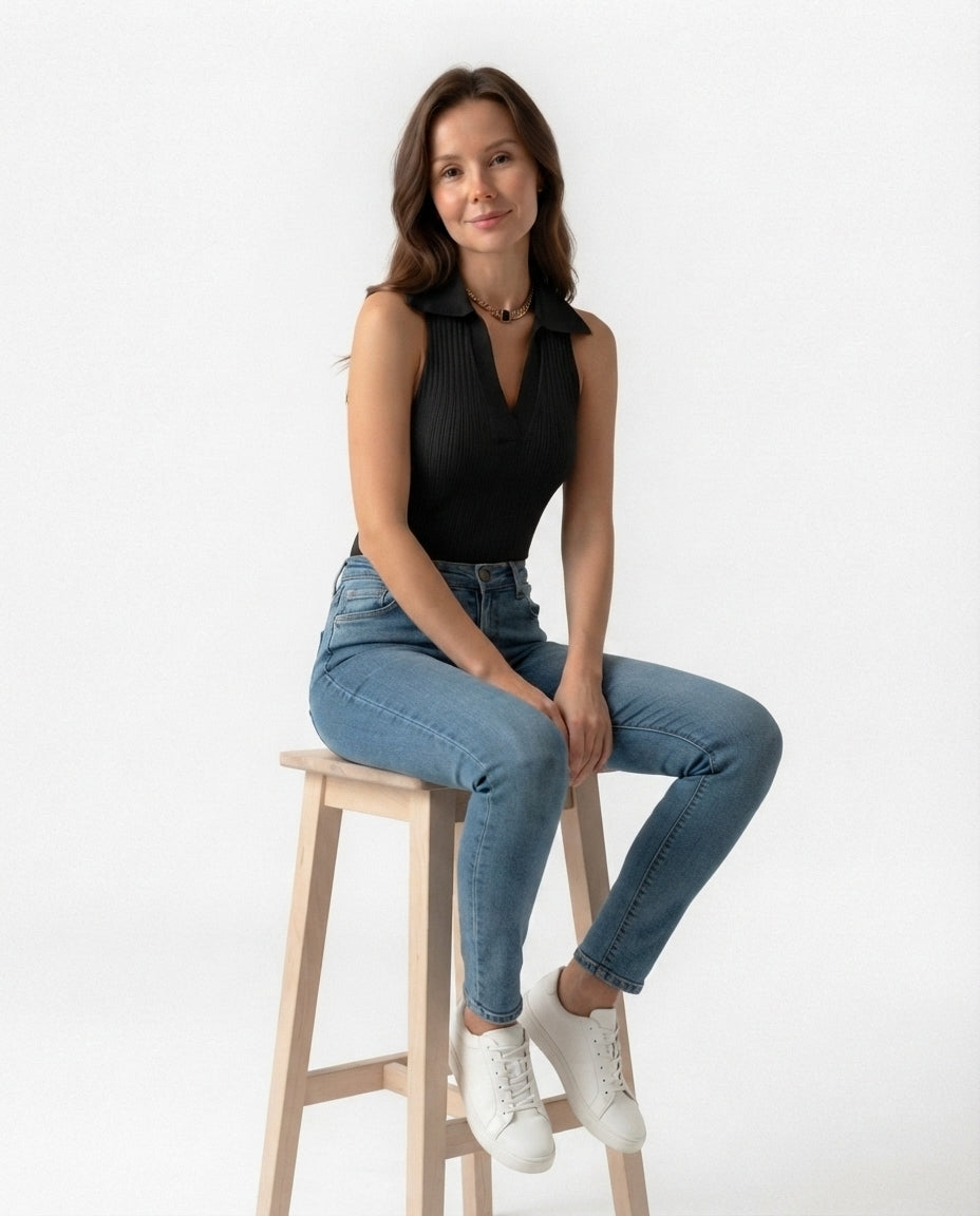 Ribbed Collared Sleeveless Top
