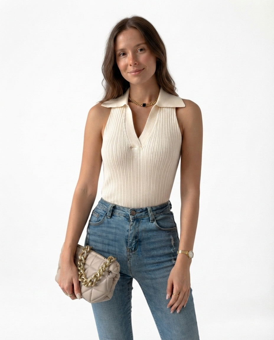Ribbed Collared Sleeveless Top