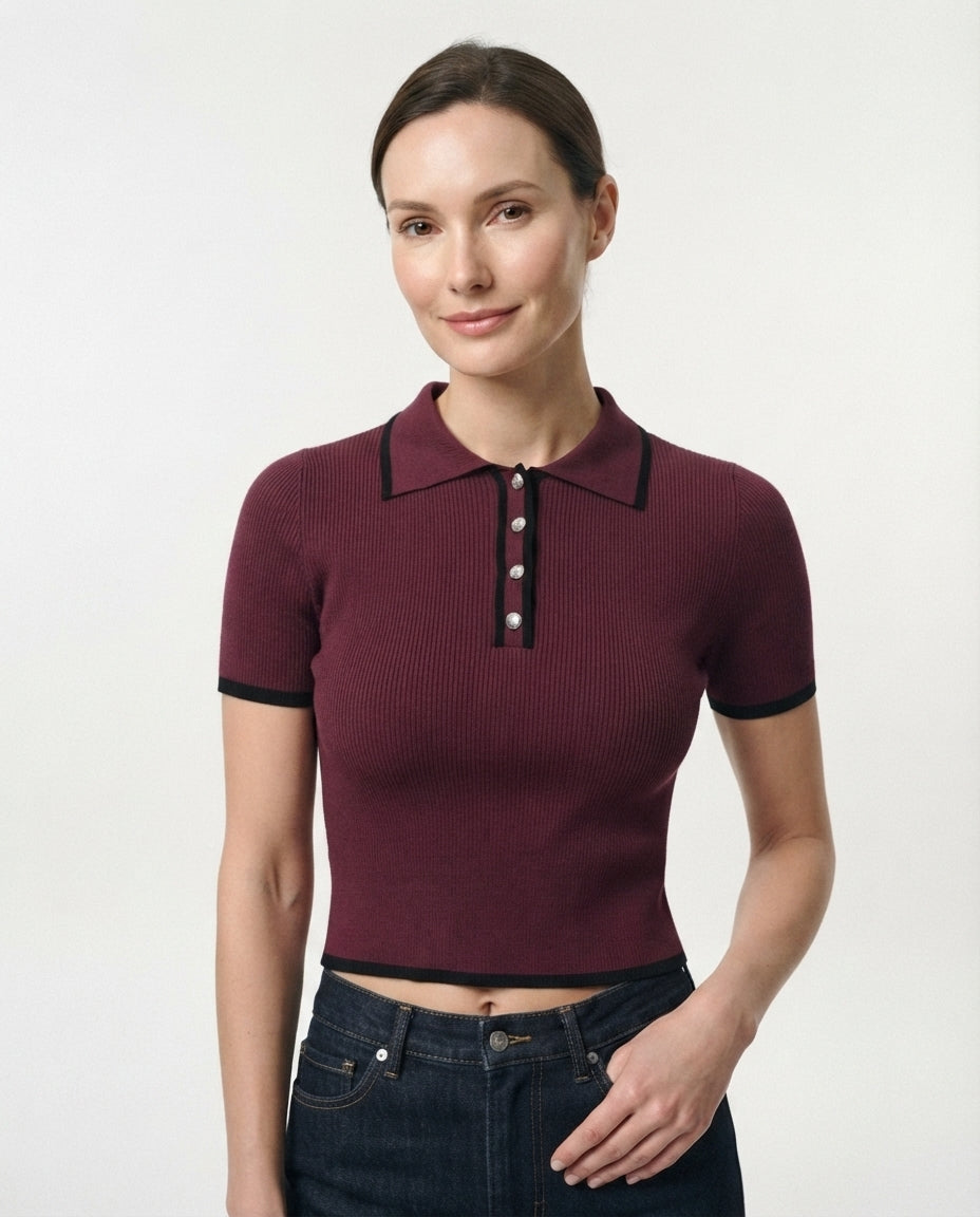 Ribbed Knit Polo Top