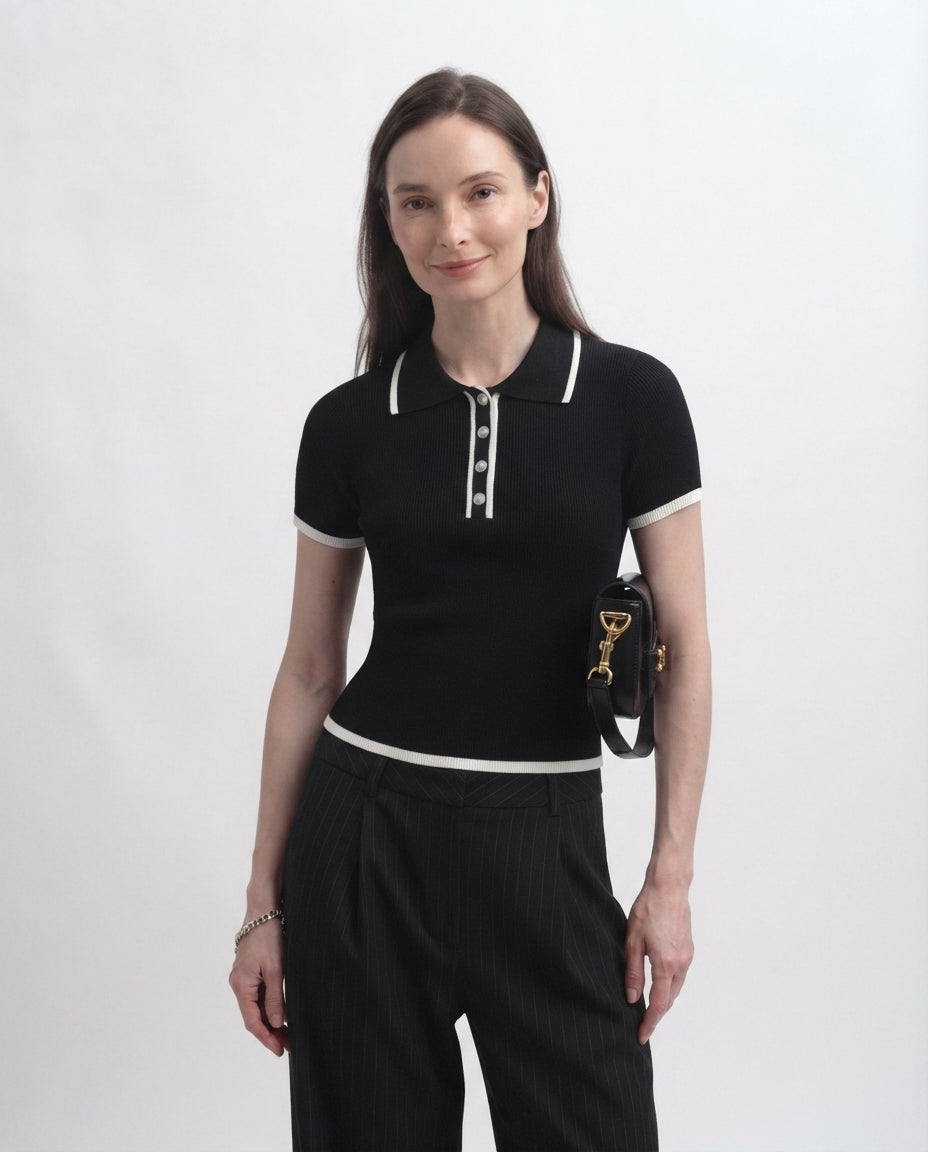 Ribbed Knit Polo Top