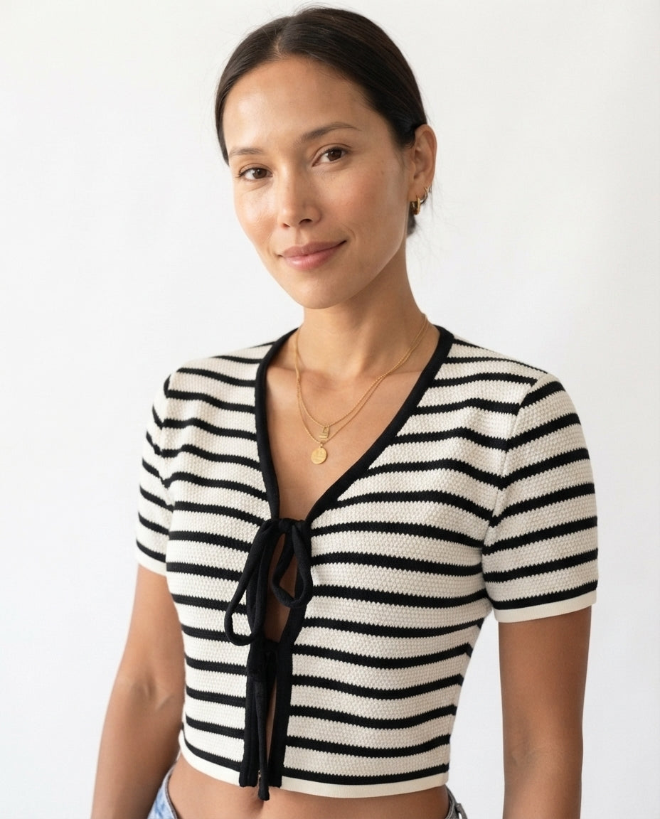 Tie Front Striped Knit Top