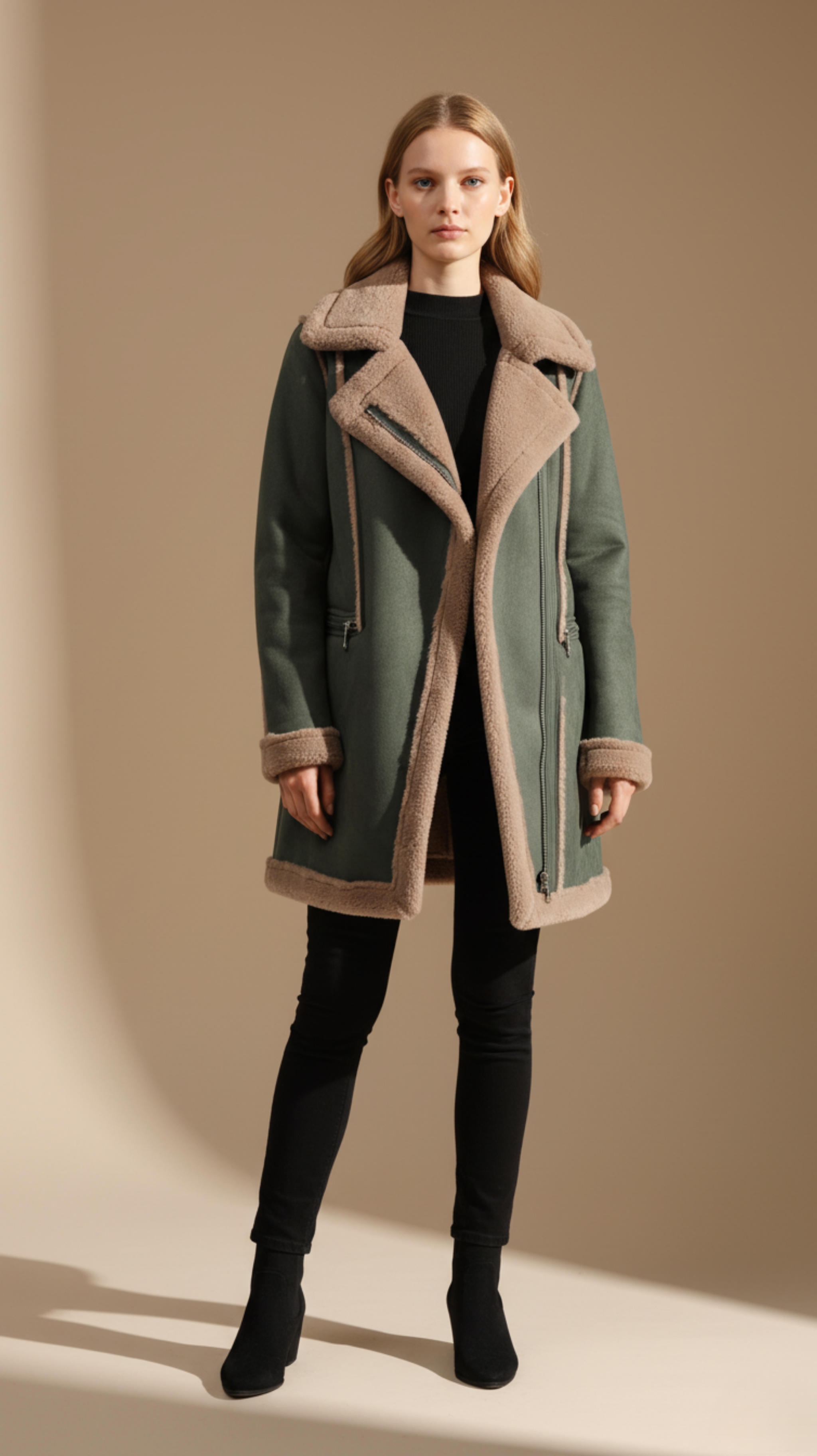 Green Faux Shearling Aviator Coat