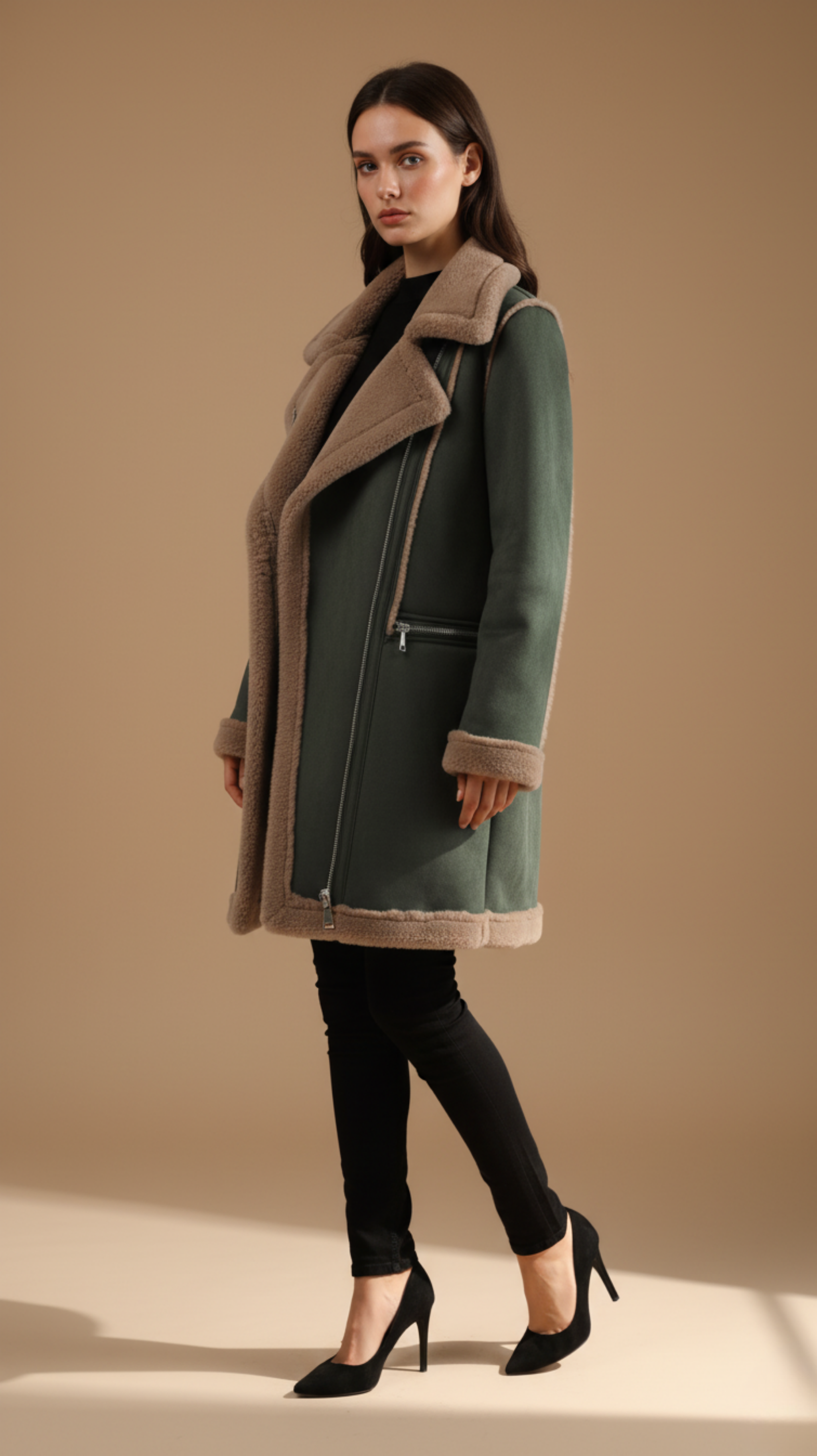 Green Faux Shearling Aviator Coat