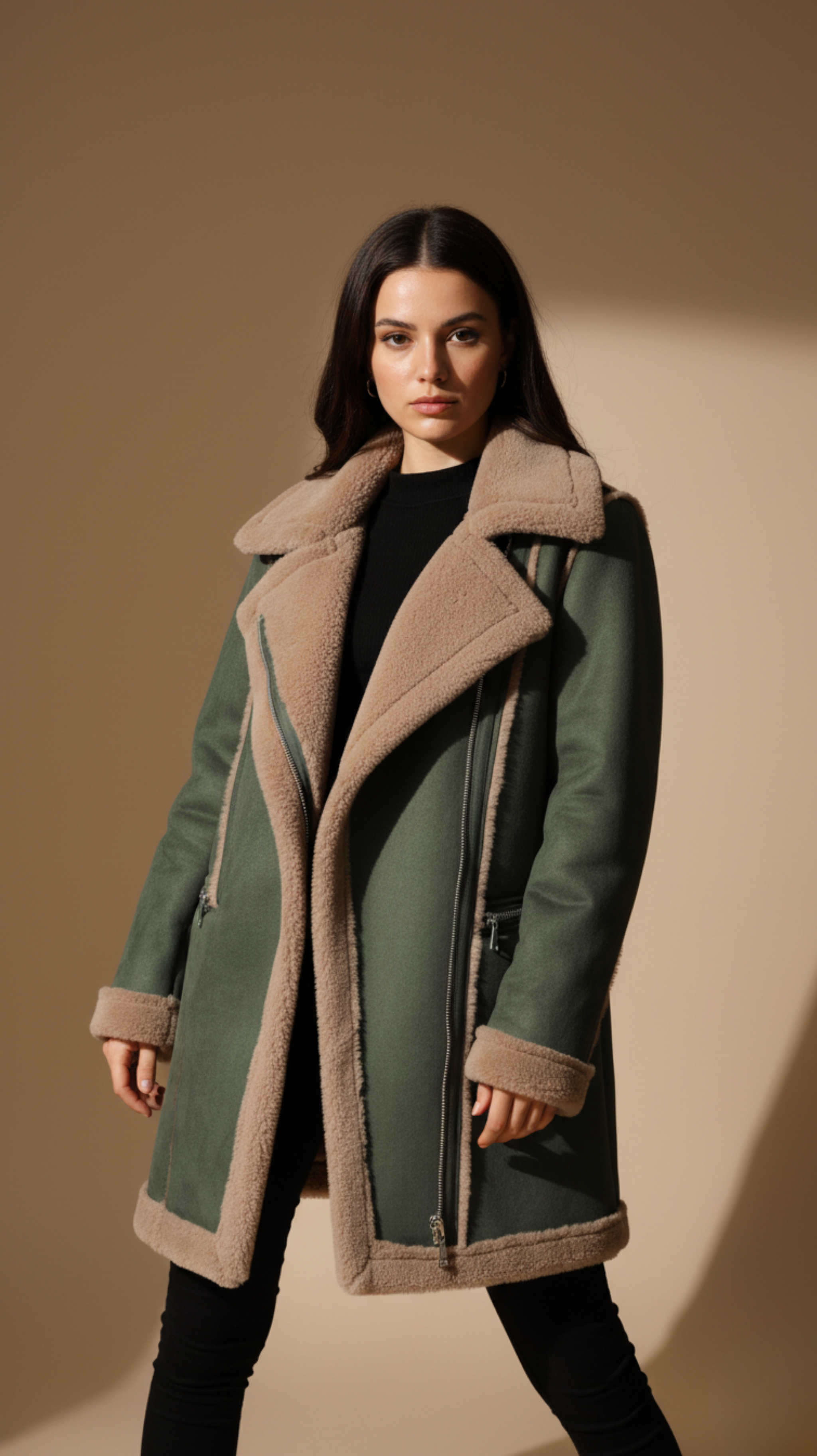 Green Faux Shearling Aviator Coat