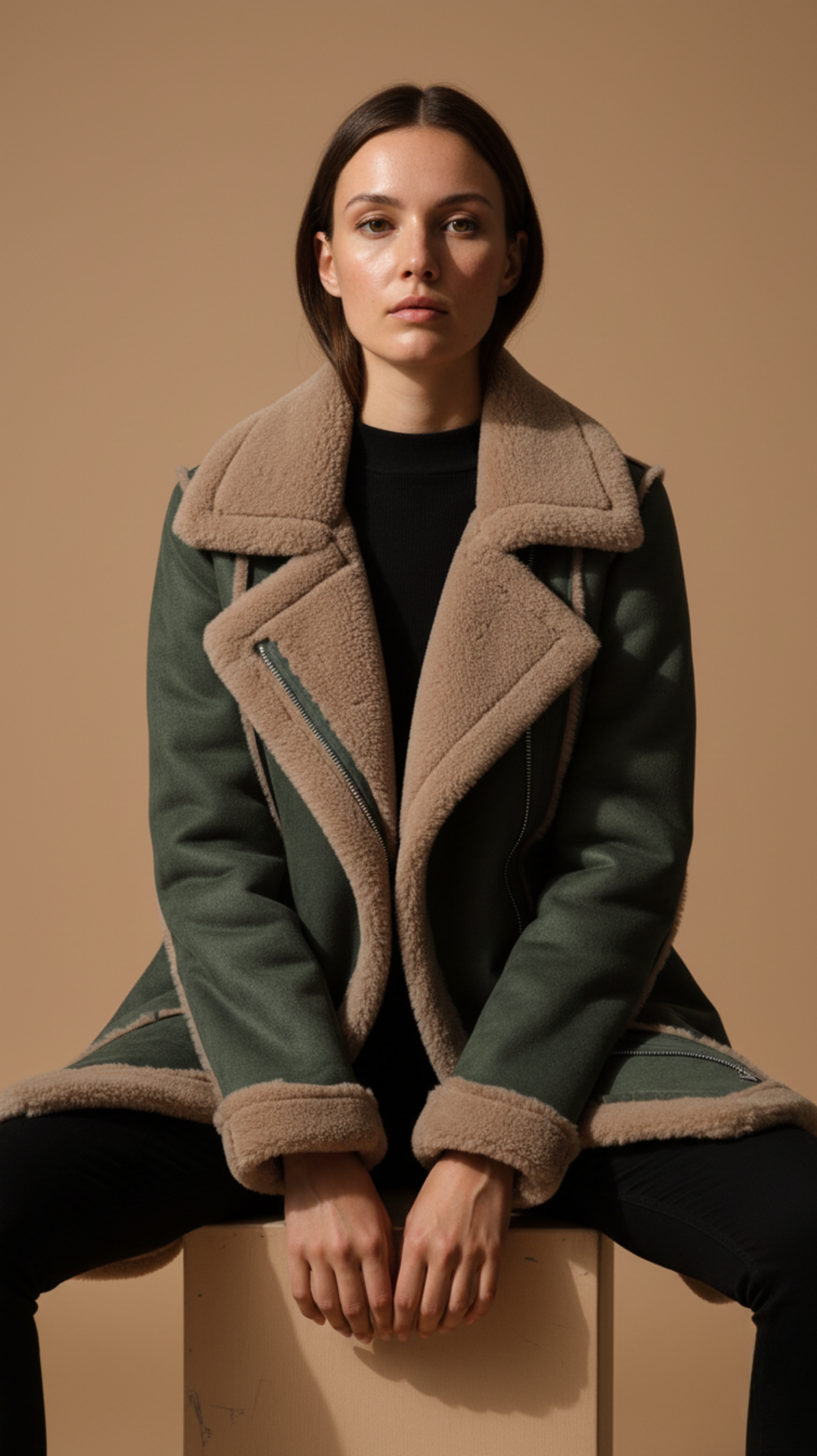 Green Faux Shearling Aviator Coat