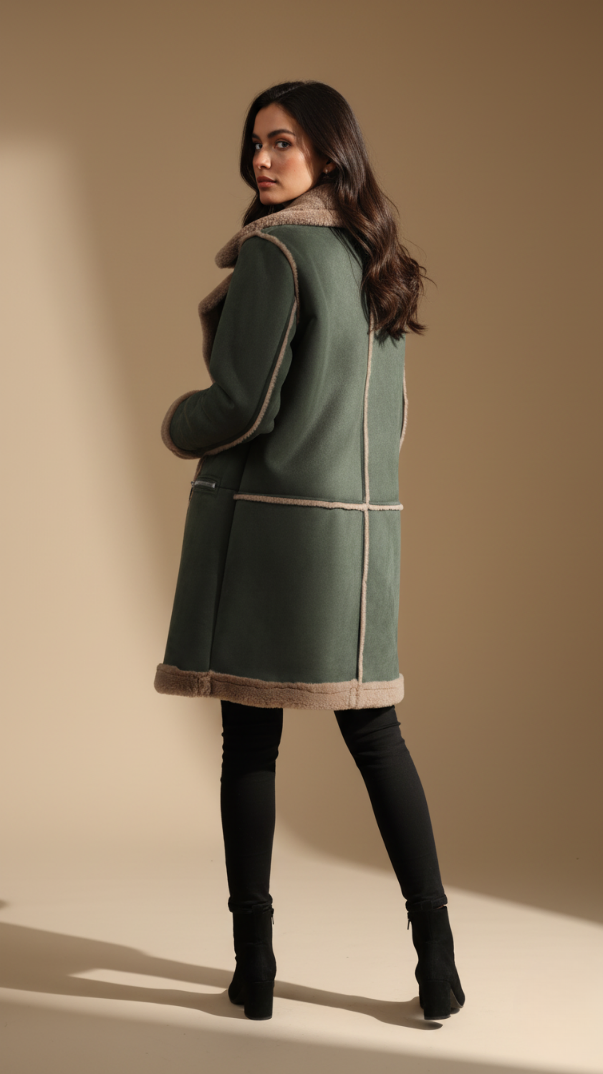 Green Faux Shearling Aviator Coat