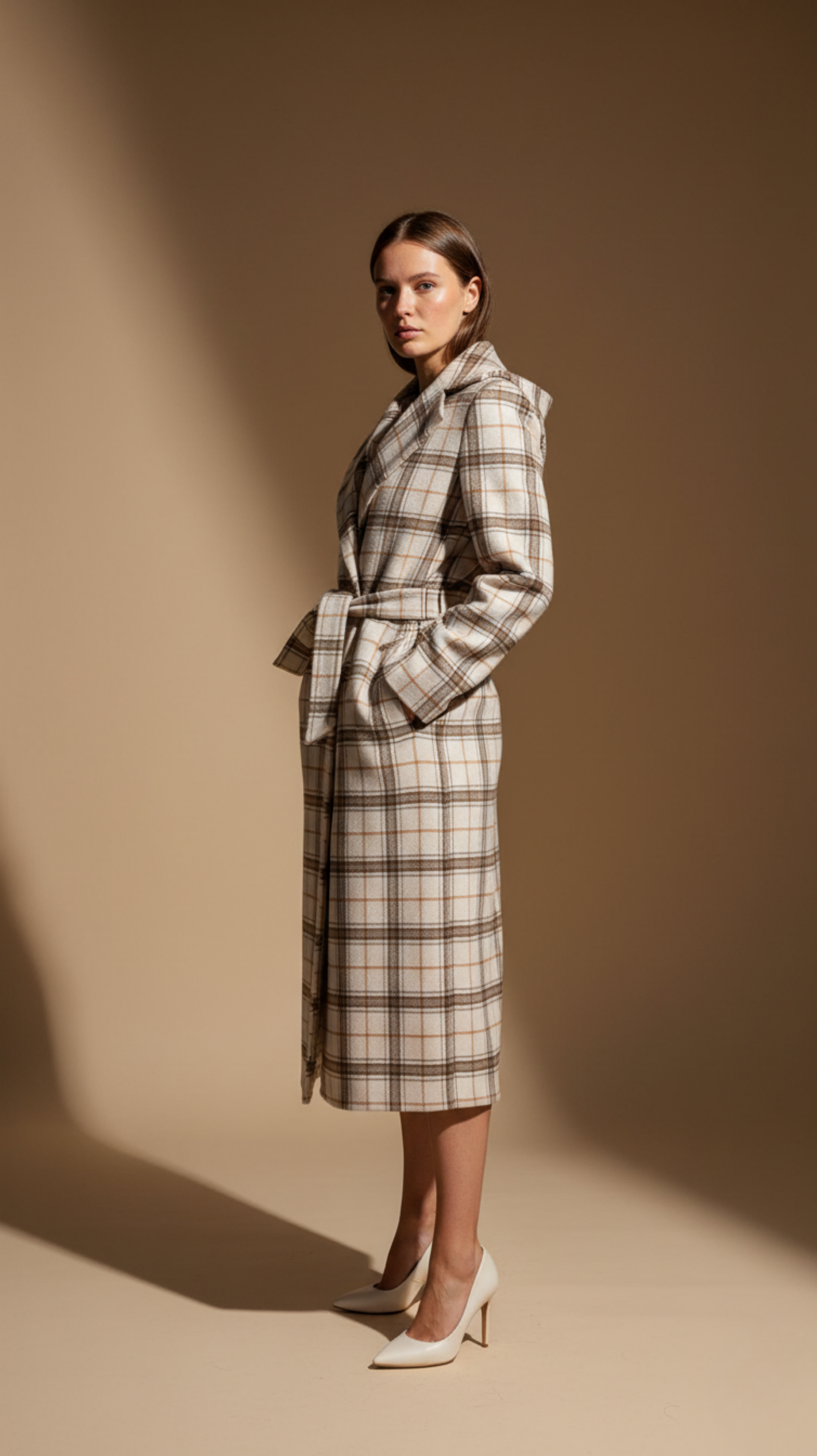 Woman wearing a plaid coat against a beige background