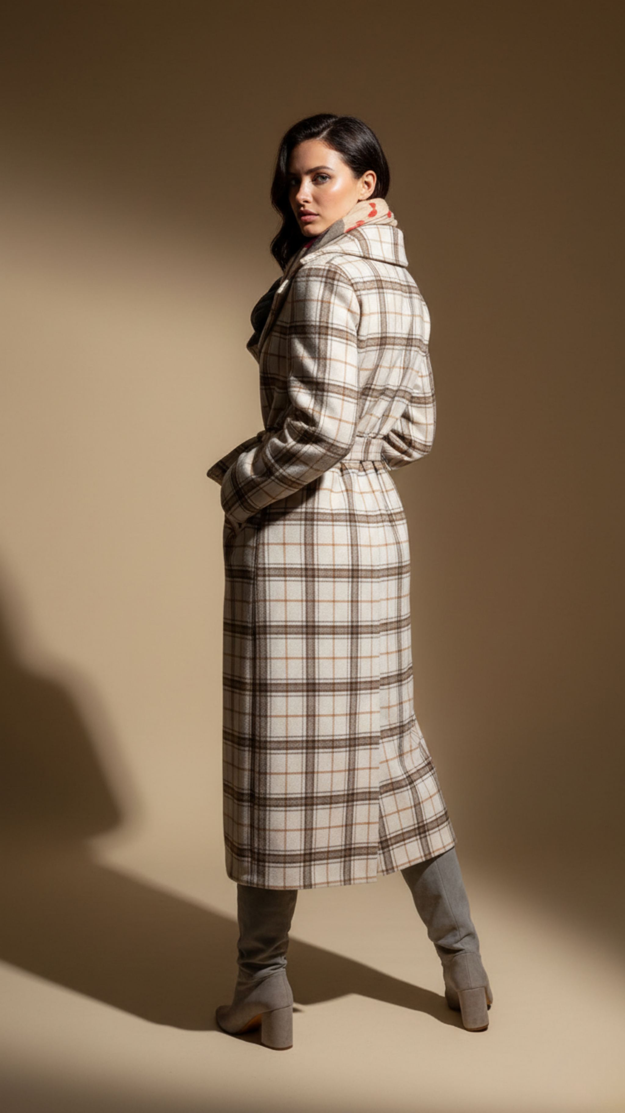 Woman wearing a plaid coat against a beige background