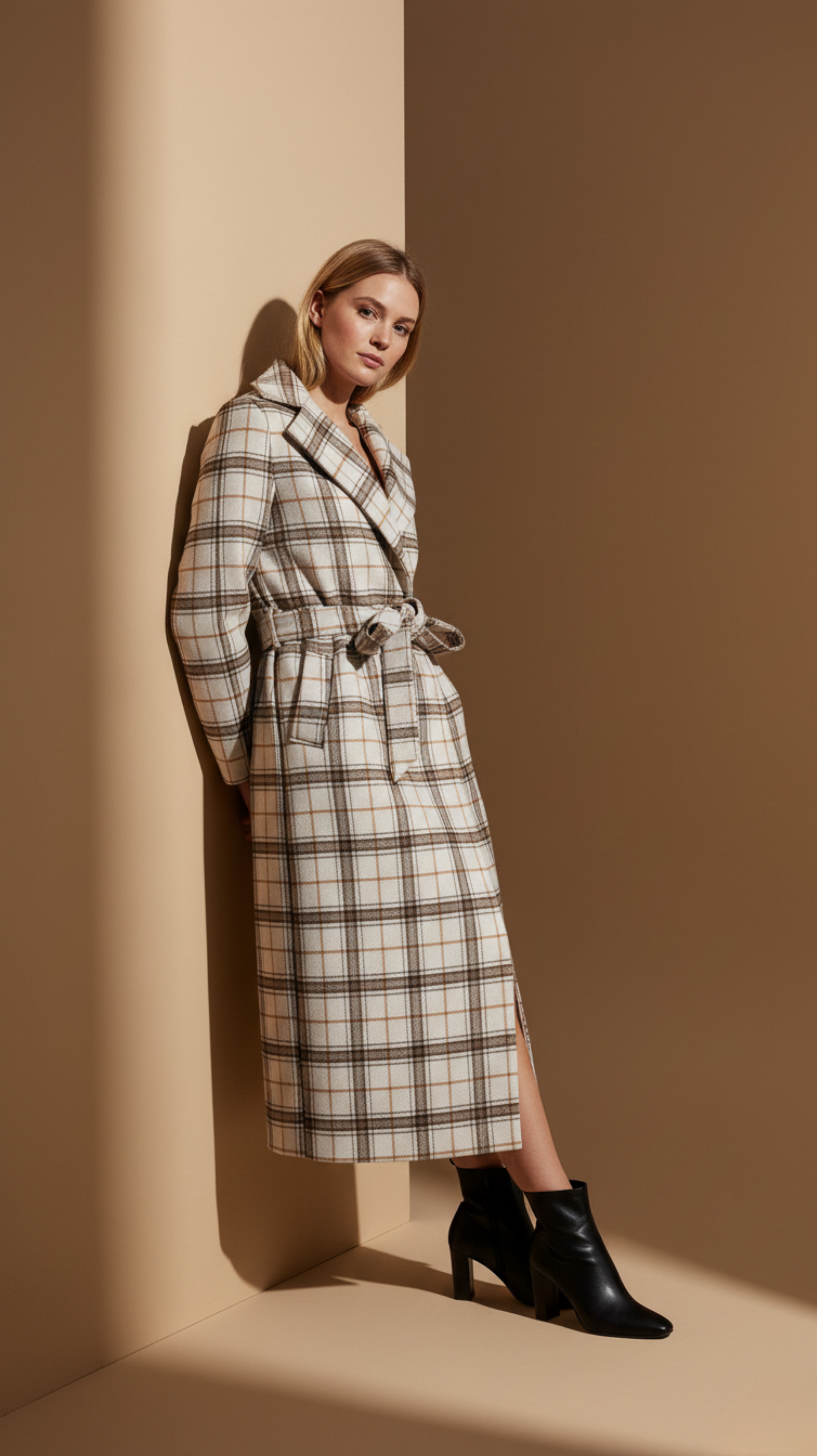 Woman wearing a plaid coat against a beige wall