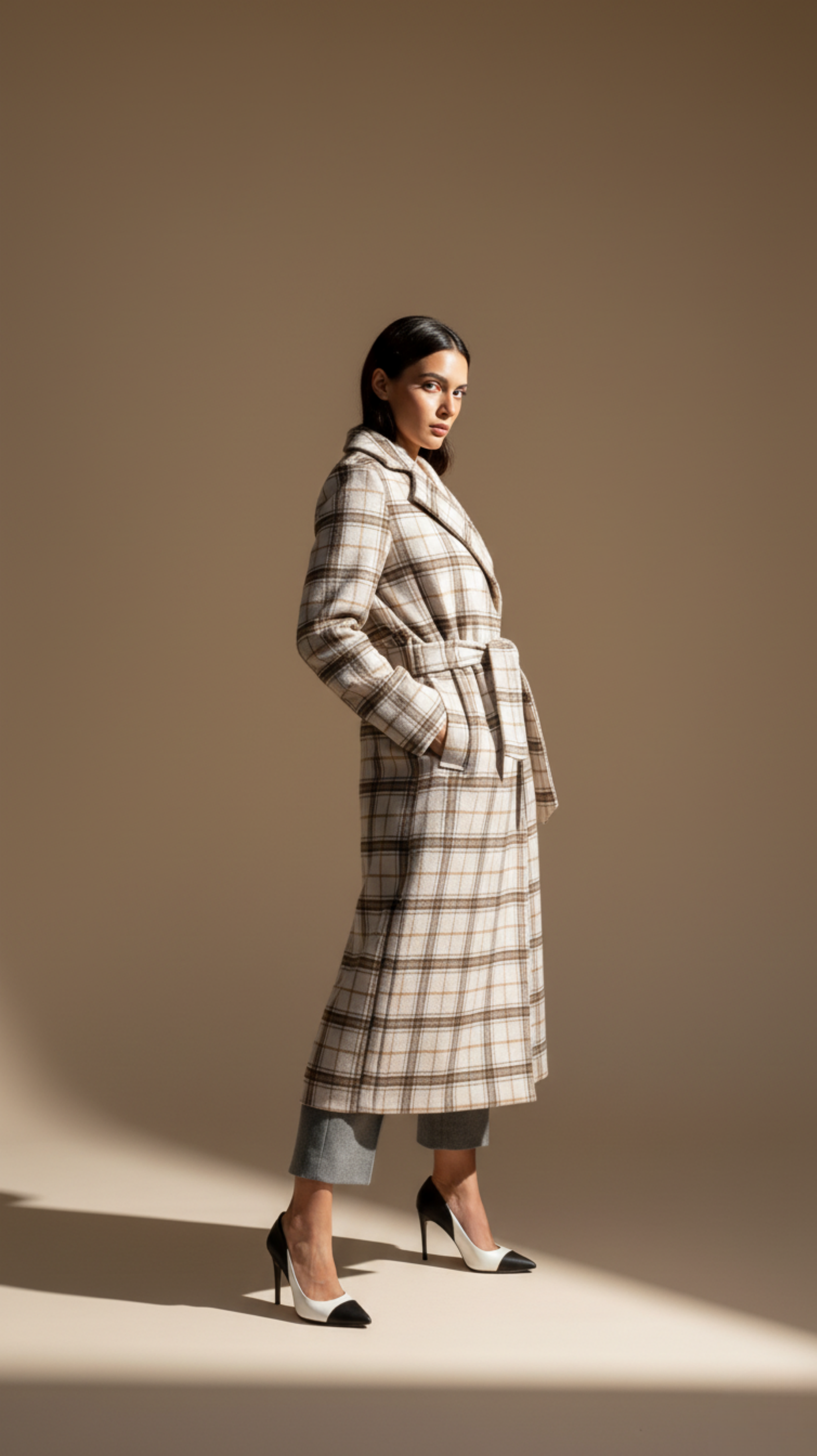 Woman wearing a plaid coat against a beige background