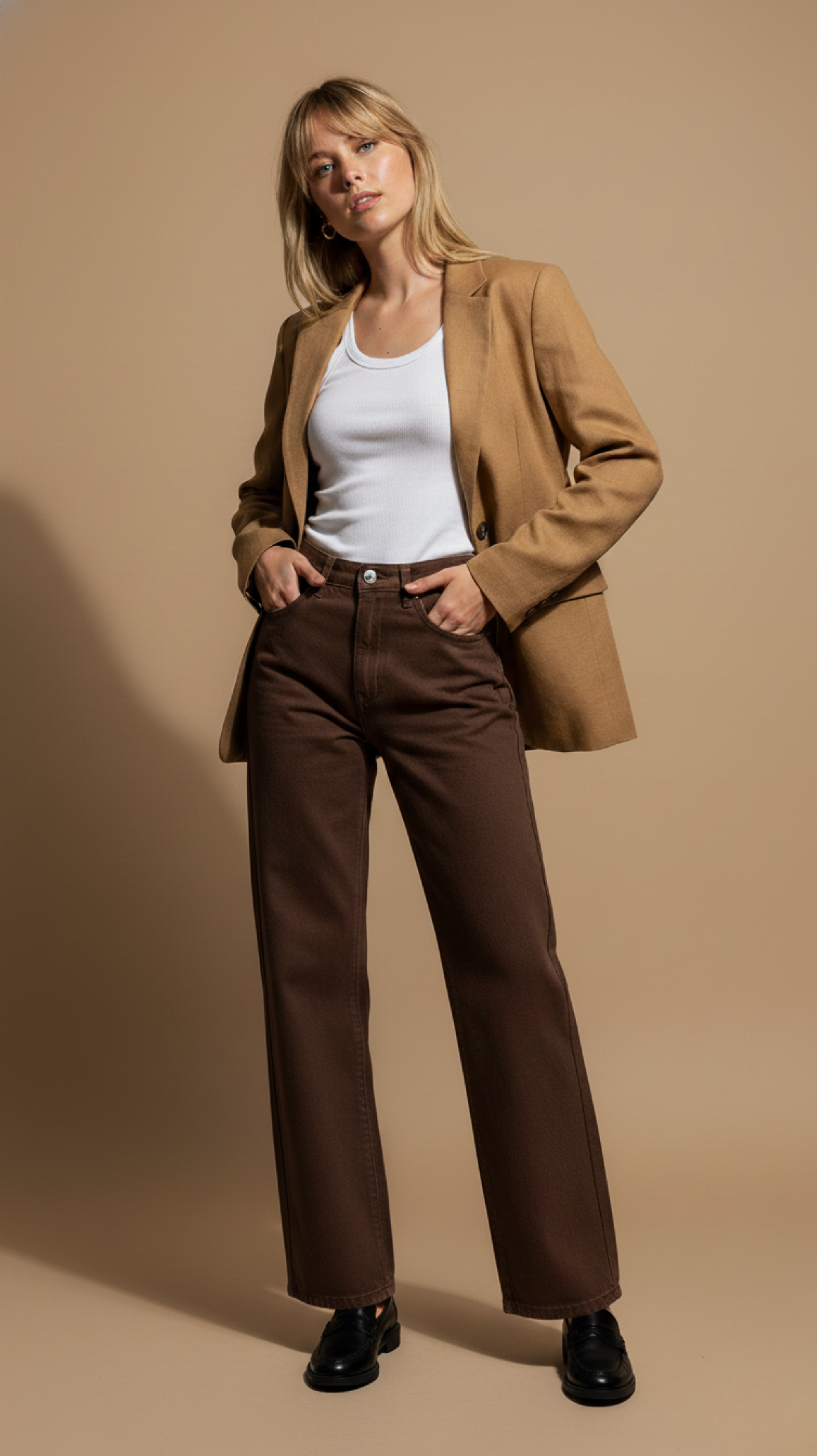 Woman wearing a brown blazer, white top, and brown pants against a beige background