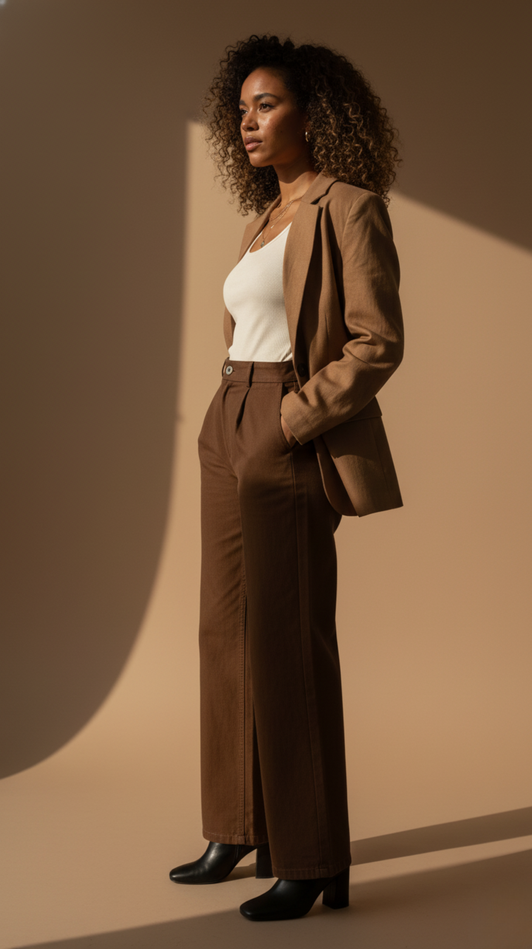 Woman wearing a brown suit with a white top against a beige background