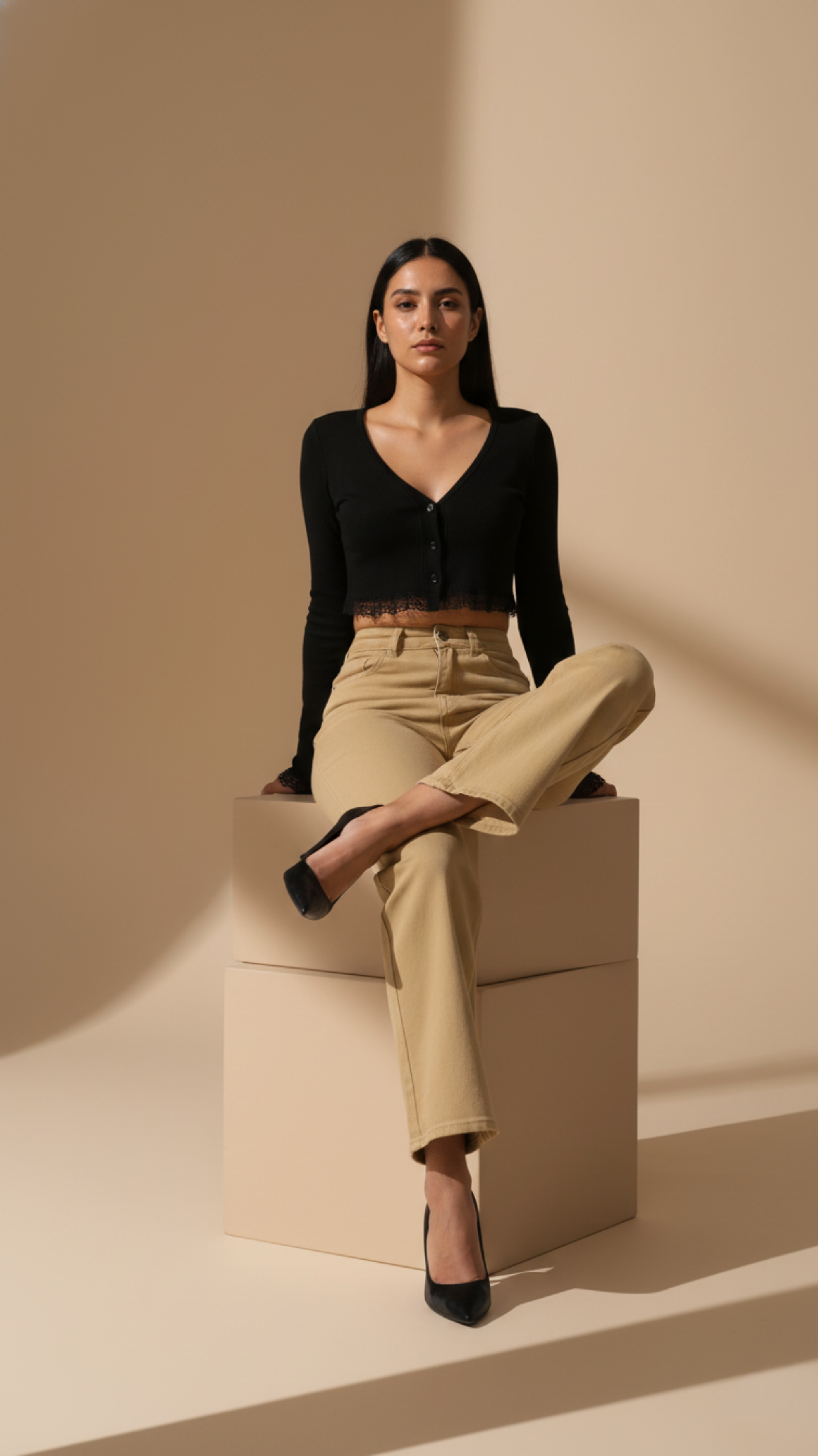 High Waisted Straight Leg Khaki Trousers