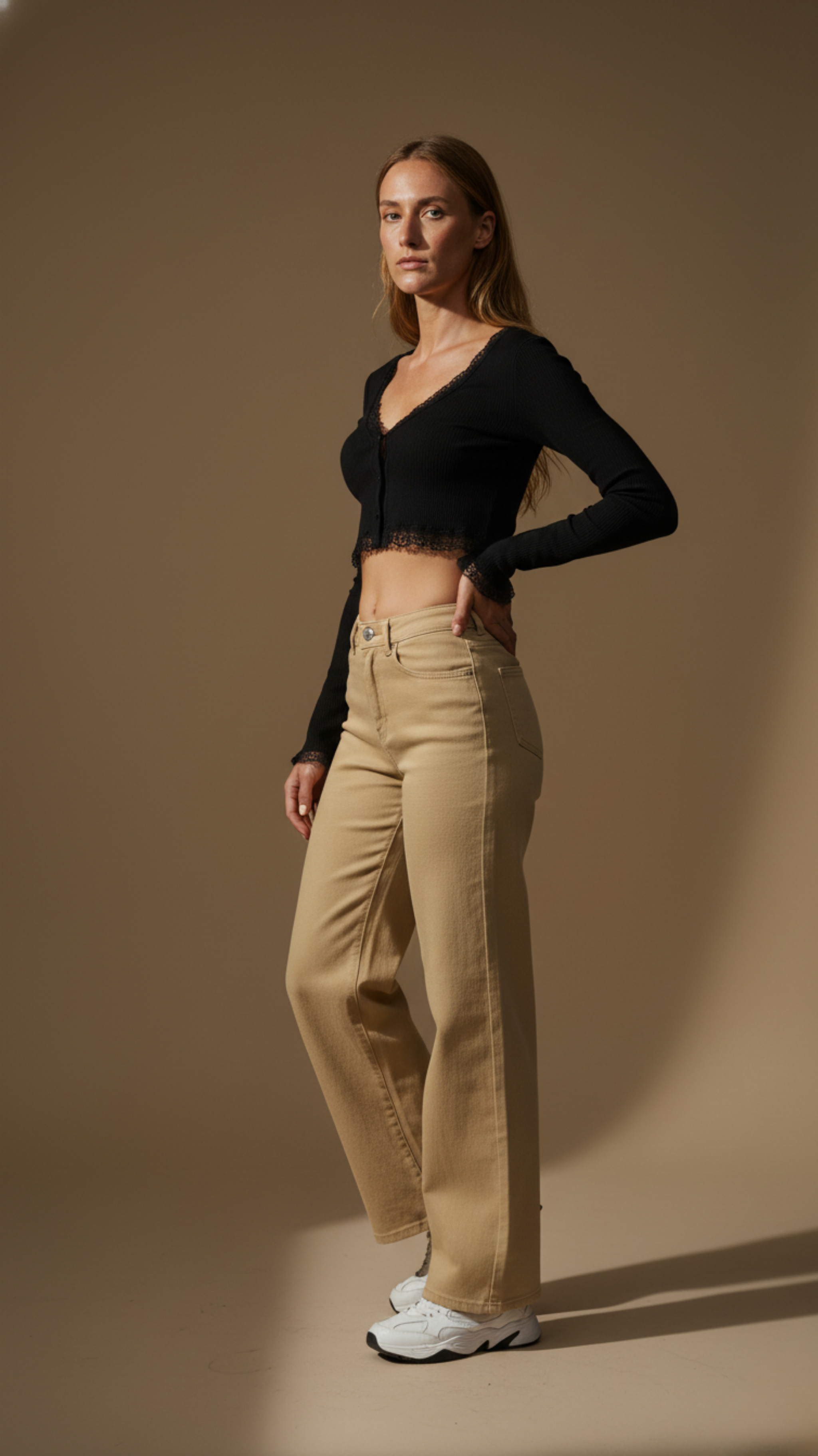 High Waisted Straight Leg Khaki Trousers