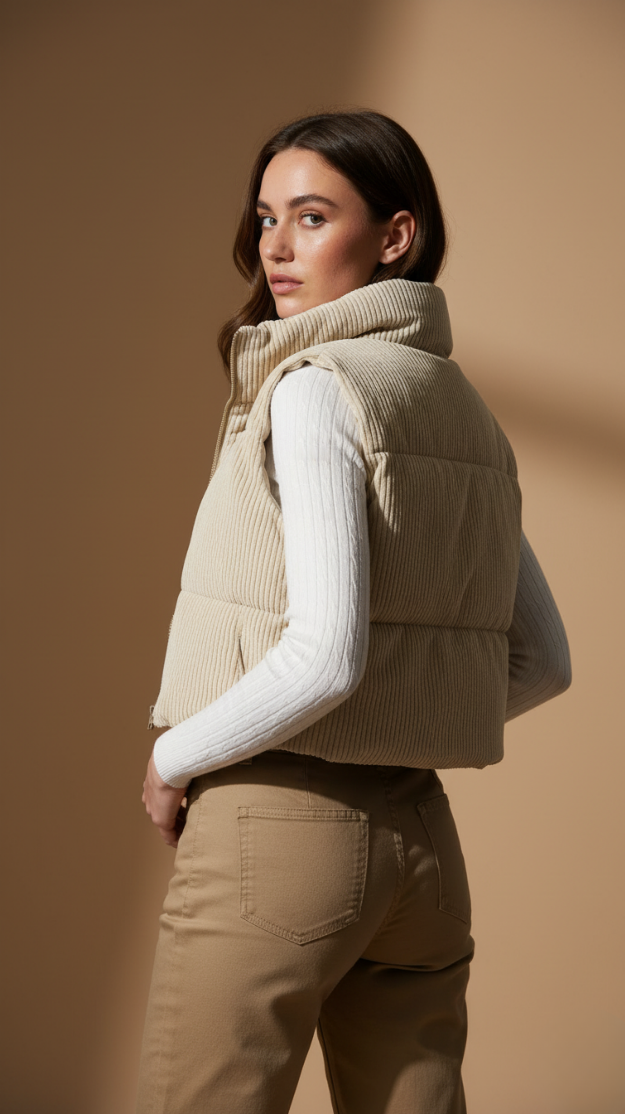 Woman wearing a beige puffer vest over a white shirt and beige pants on a brown background